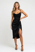 Satin Slip Dress with Side Slit — Black