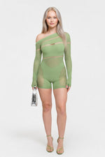 Off Shoulder Mesh Bodycon Jumpsuit — Green