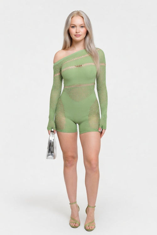 Off Shoulder Mesh Bodycon Jumpsuit — Green
