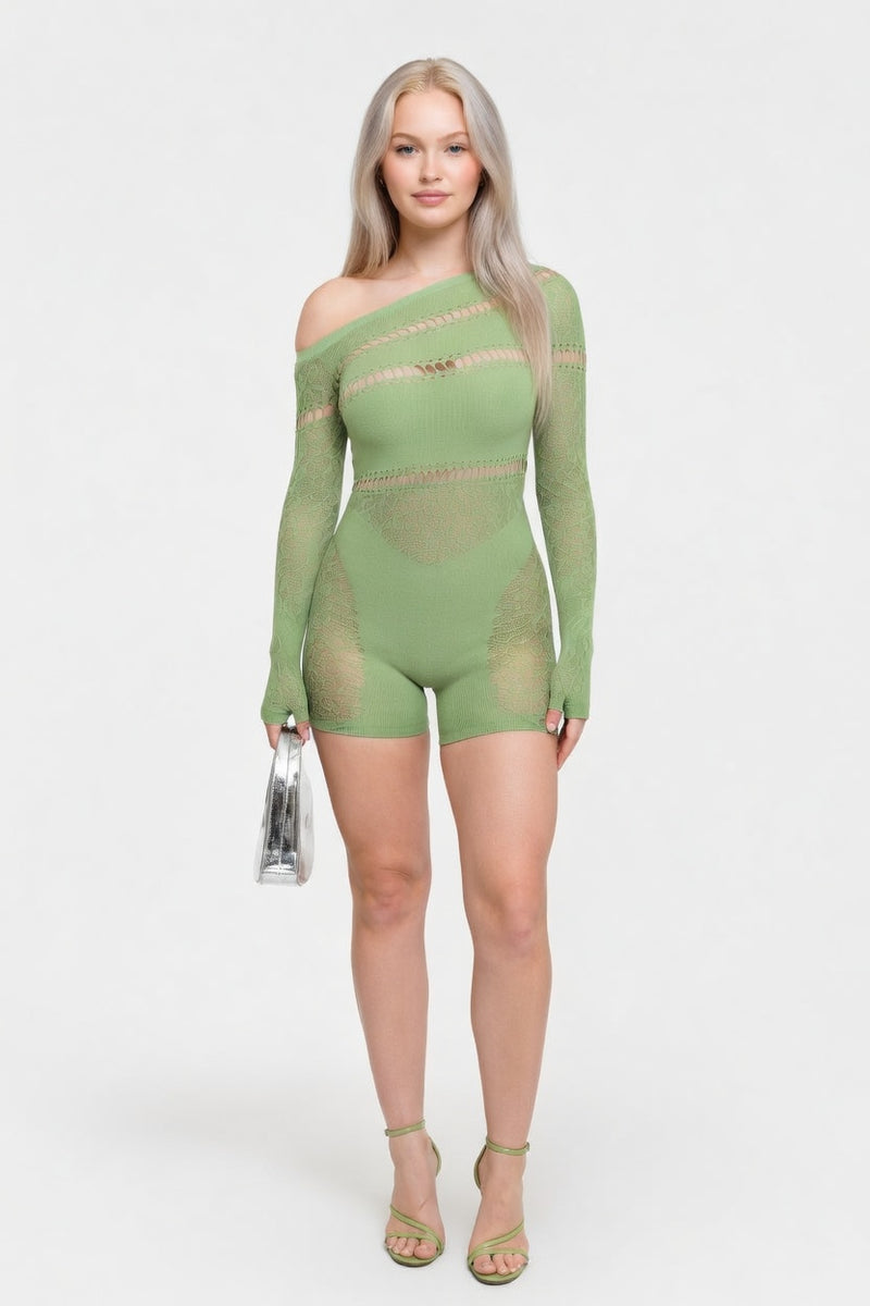 Off Shoulder Mesh Bodycon Jumpsuit — Green
