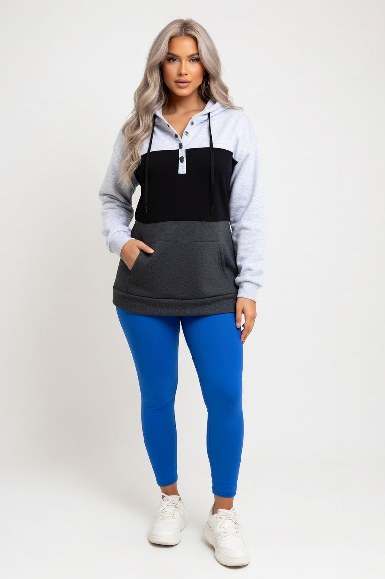 Button Detail Hooded Sweatshirt — Grey