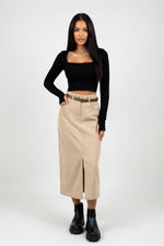 Belted Denim A-Line Skirt — front view