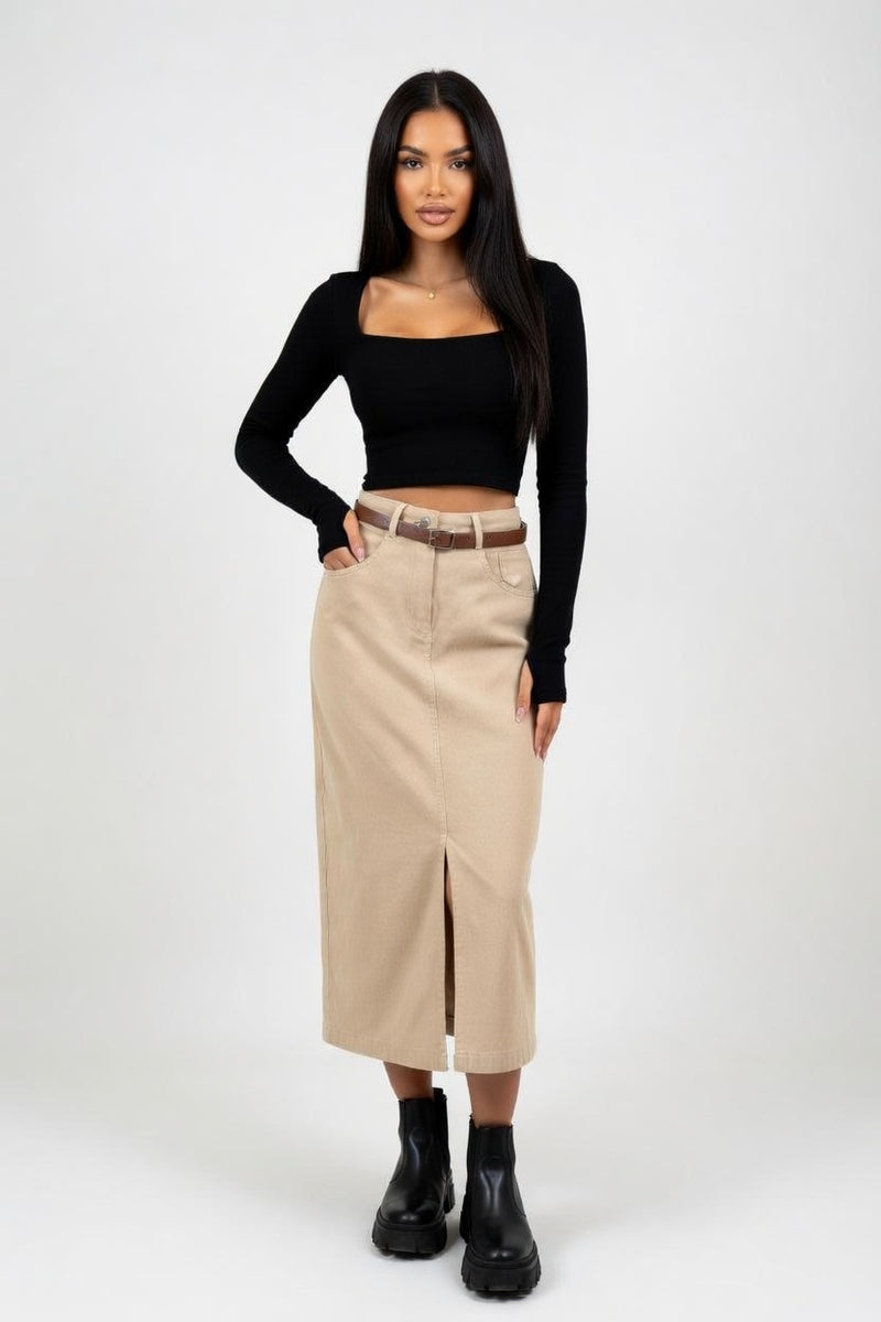 Belted Denim A-Line Skirt — front view