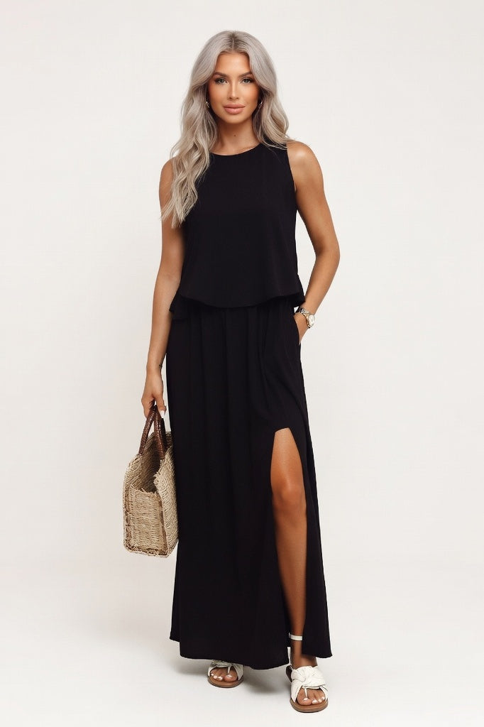 Modal Split Maxi Dress — Black