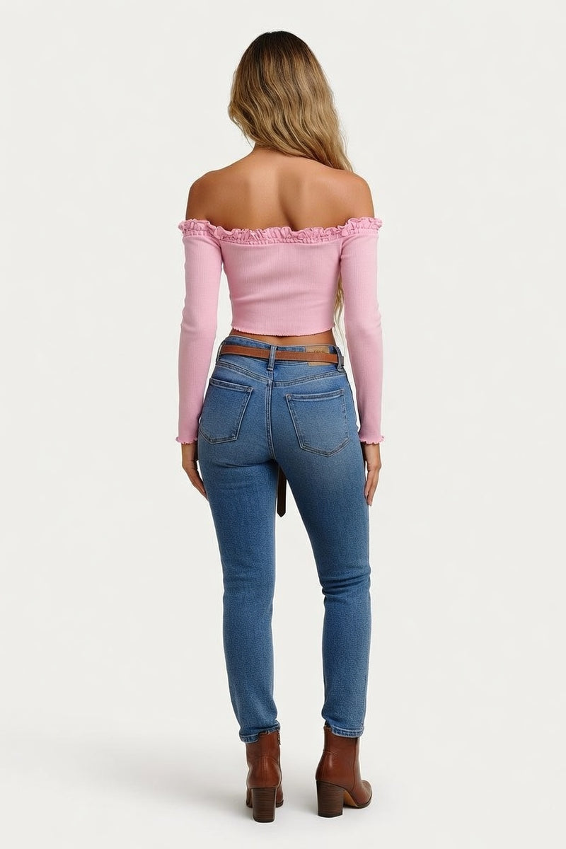 Off-Shoulder Pleated Lace Top — back view
