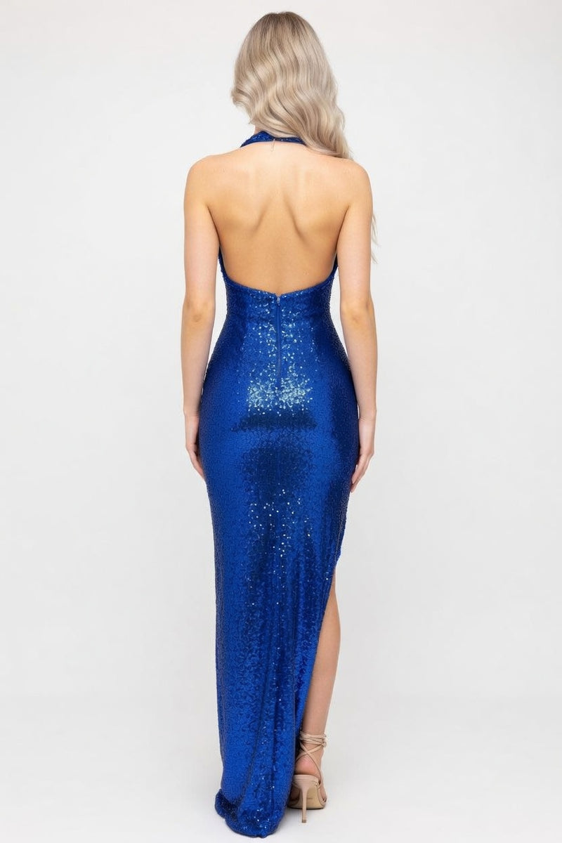 Sequined Halter Slit Dress — back view