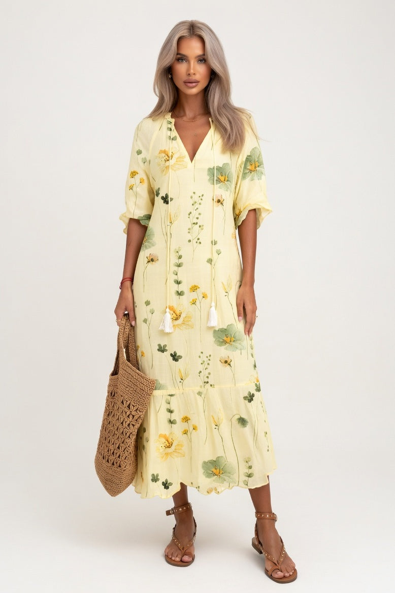V-Neck Printed Mid-Sleeve Dress — Light Yellow