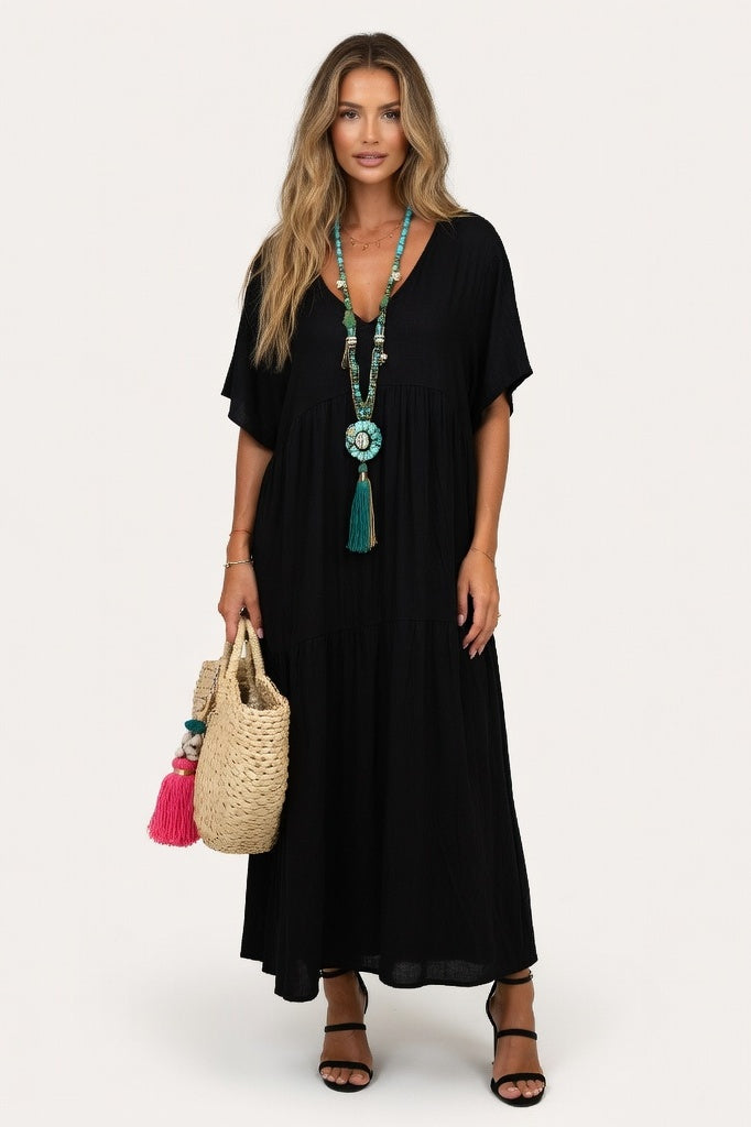 V-Neck Swing Dress — Black
