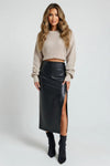 PU Leather Slit Midi Skirt
