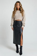 PU Leather Slit Midi Skirt — front view