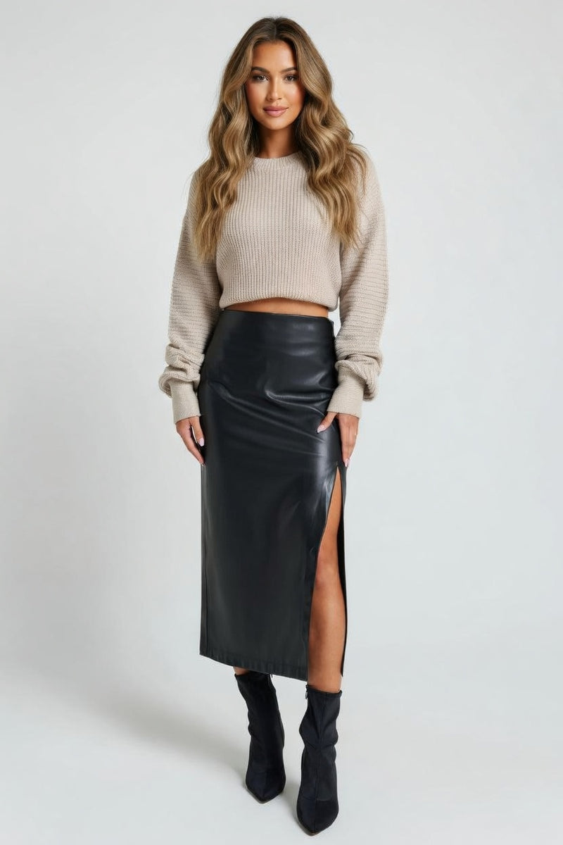 PU Leather Slit Midi Skirt — front view