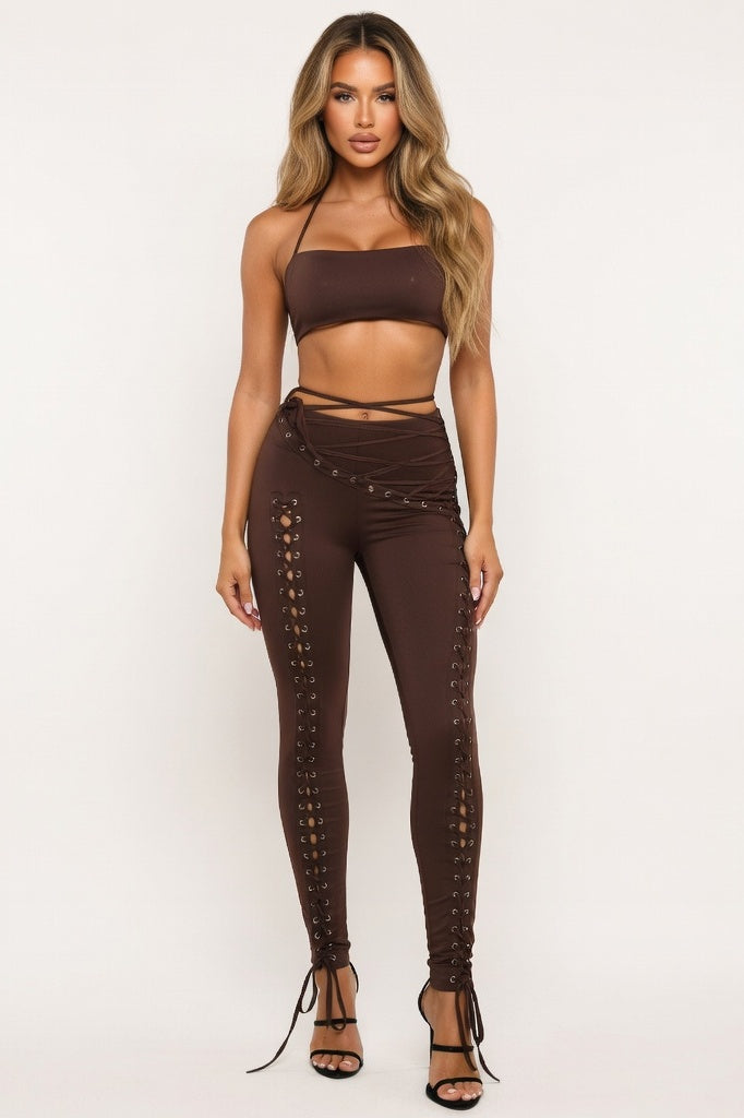 Lace-Up Vest and Trouser Co-Ord Set — Brown