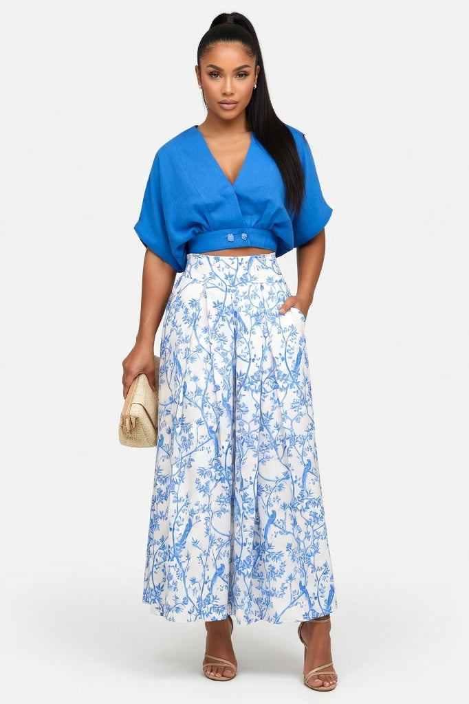 Printed Wide-Leg Co-ord Set — Blue