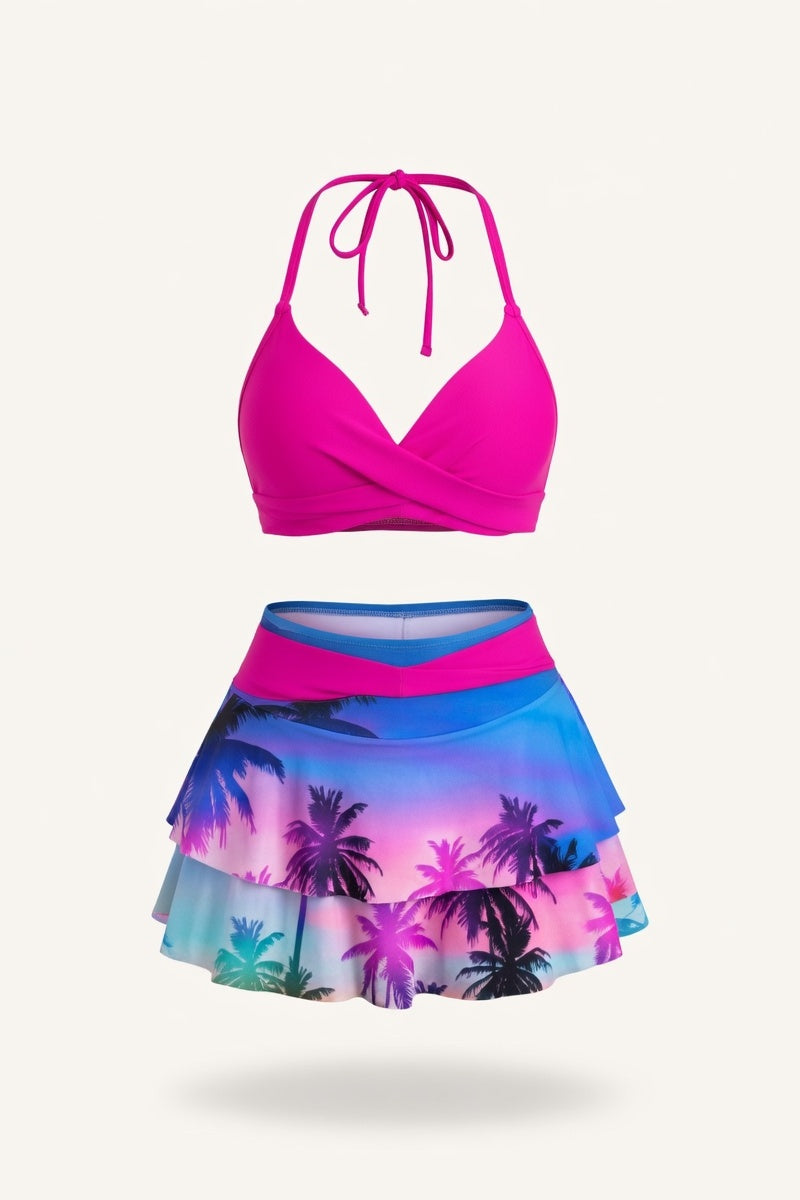 Ruffle Split Bikini Set — Rose Red