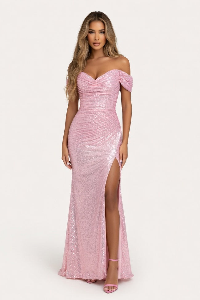 Sequined Off-Shoulder Slit Dress — Pink