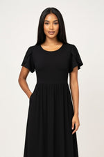 Printed Midi Dress with Petal Sleeves — Black