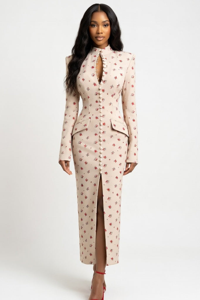 Single-Breasted Printed Slit Dress — Pink