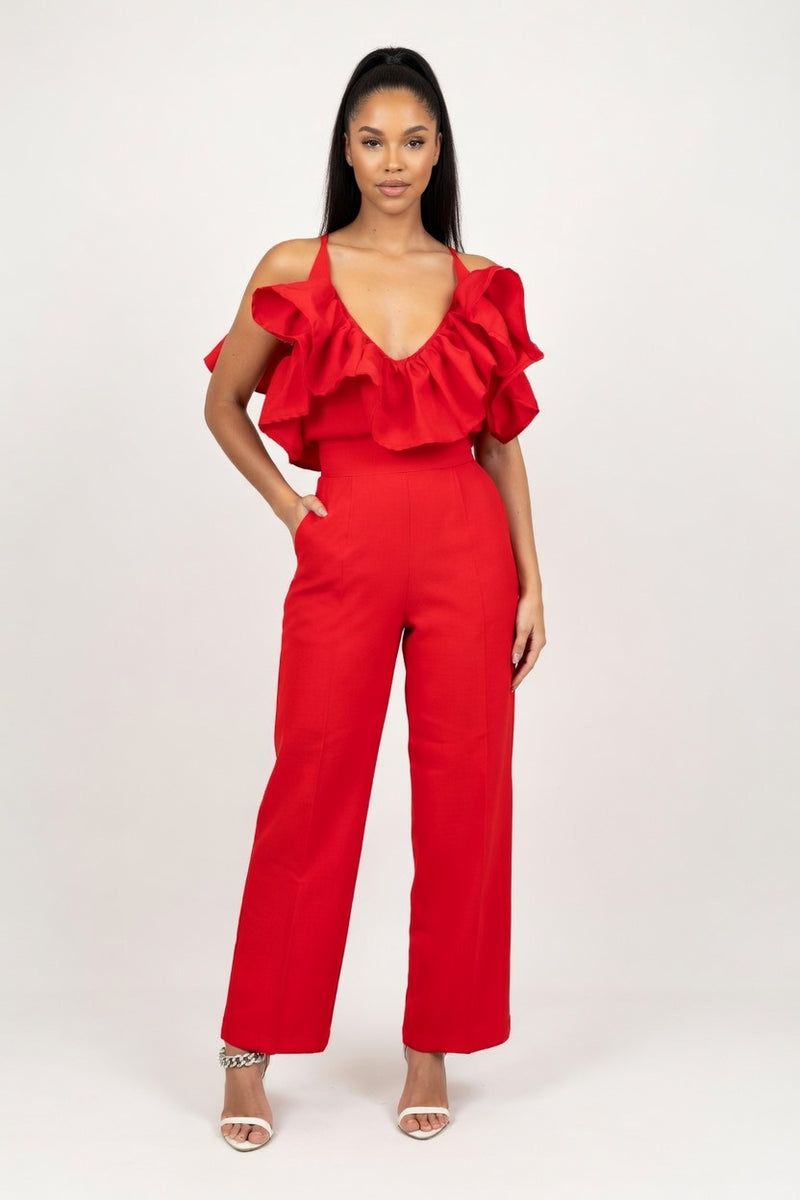 Ruffle Halter Top & High-Waist Trouser Set — front view