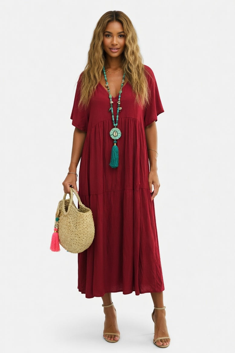 V-Neck Swing Dress — Deep Red