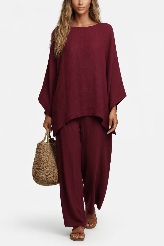 Batwing Top Wide Leg Trouser Co-ord — Burgundy