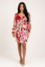 Mesh Sleeve Deep V Midi Dress — White Red Floral