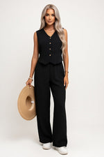 Linen V-Neck Vest & Trouser Co-ord — Black