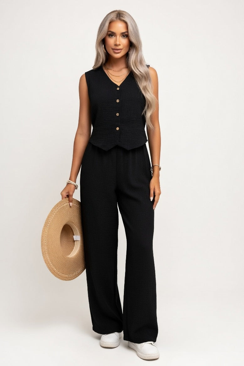 Linen V-Neck Vest & Trouser Co-ord — Black