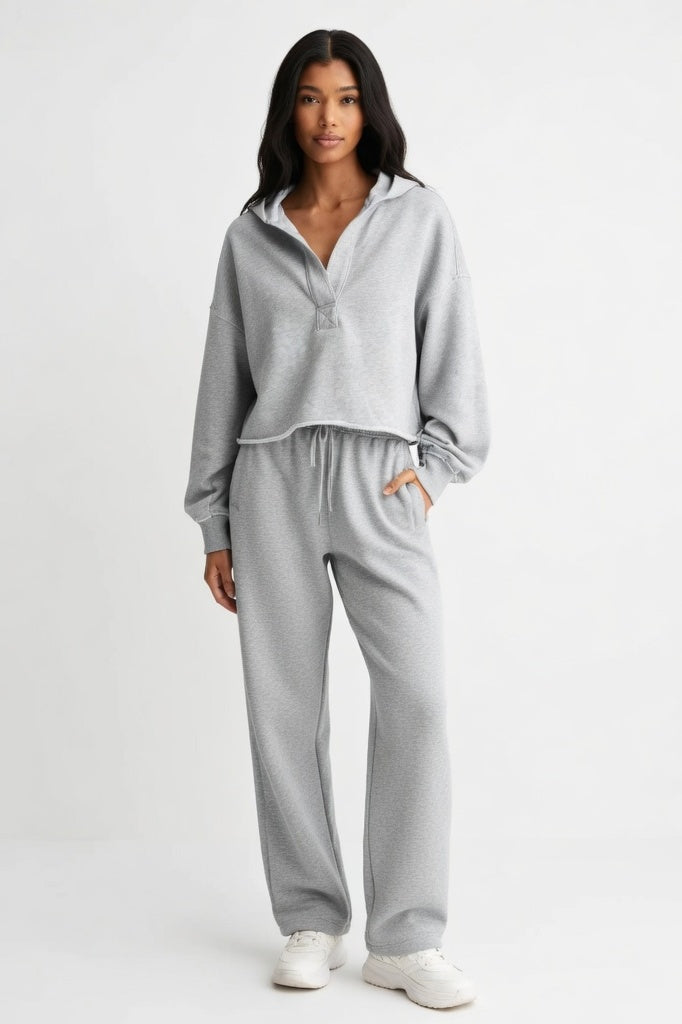 V-Neck Hooded Sweatshirt — Marl Grey