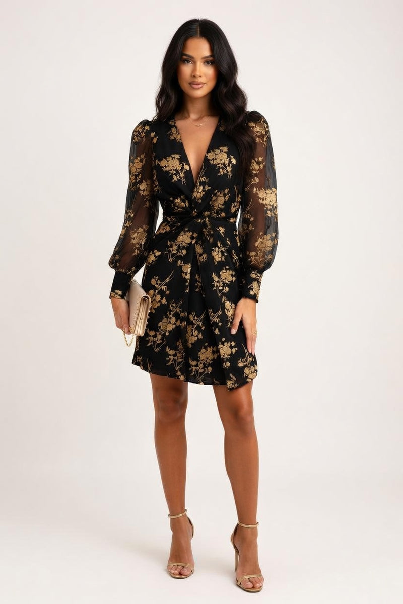 Printed Mesh Sleeve Deep V Midi Dress — front view