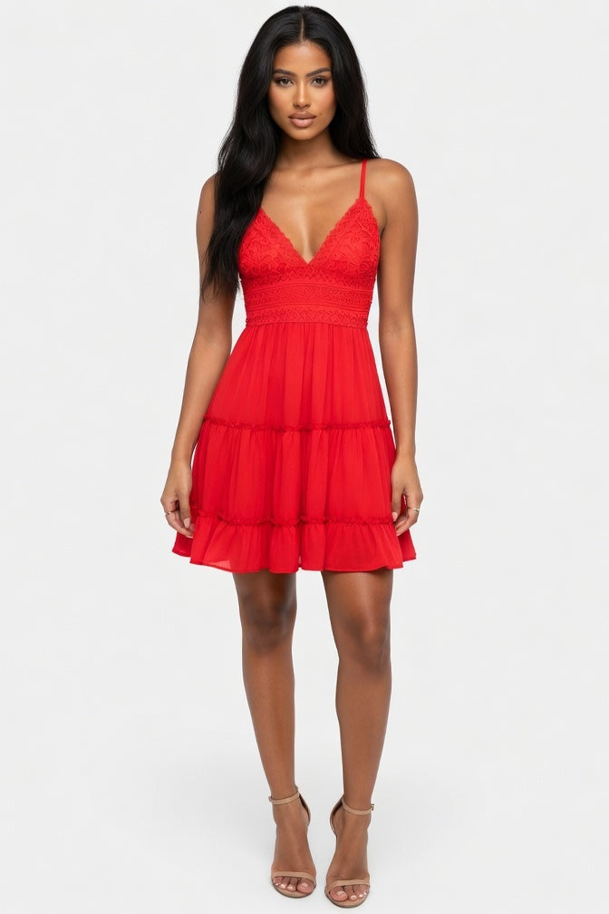 Lace Splice Suspender Dress — Red
