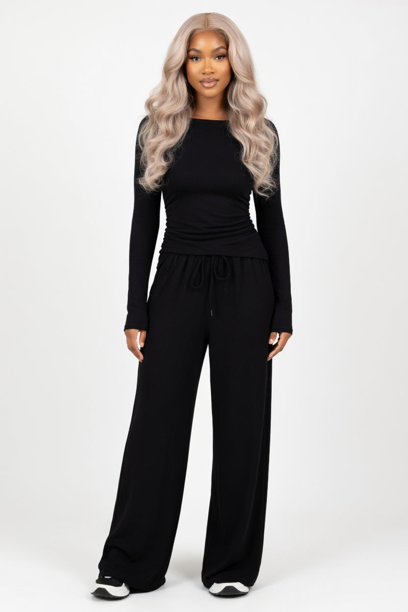 V-Neck Co-ord Set Wide Leg — Black
