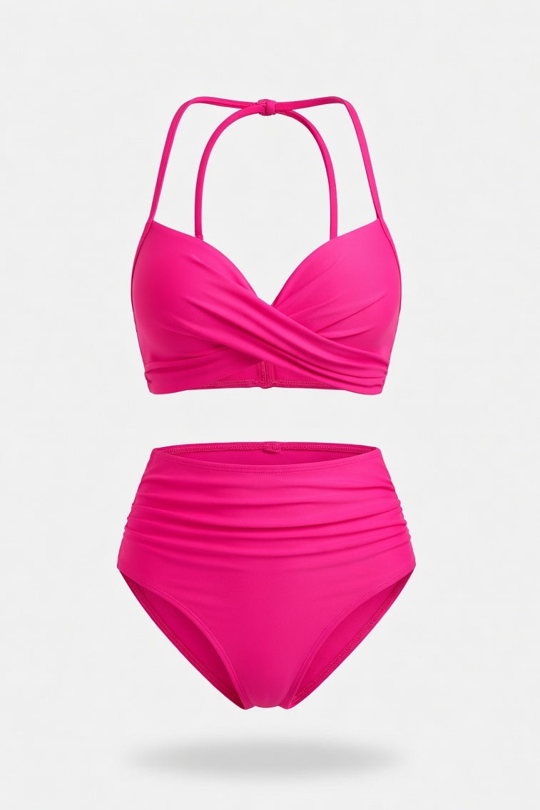 High Waist Split Bikini Set — Rose Red