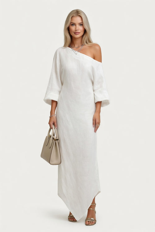 Off-Shoulder Lantern Sleeve Midi Dress — front view
