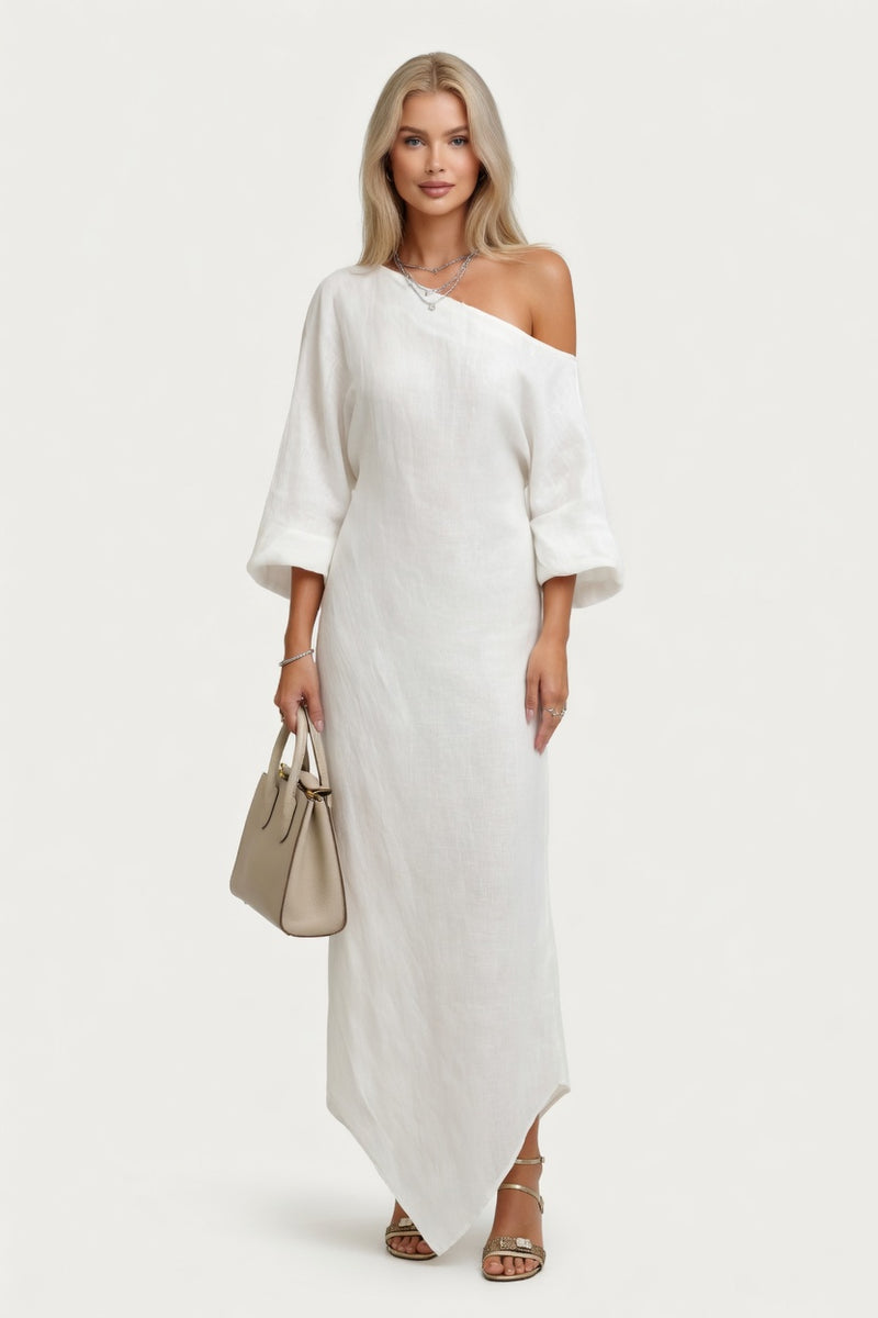 Off-Shoulder Lantern Sleeve Midi Dress — front view