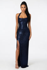 Sequined Halter Slit Dress — Blue