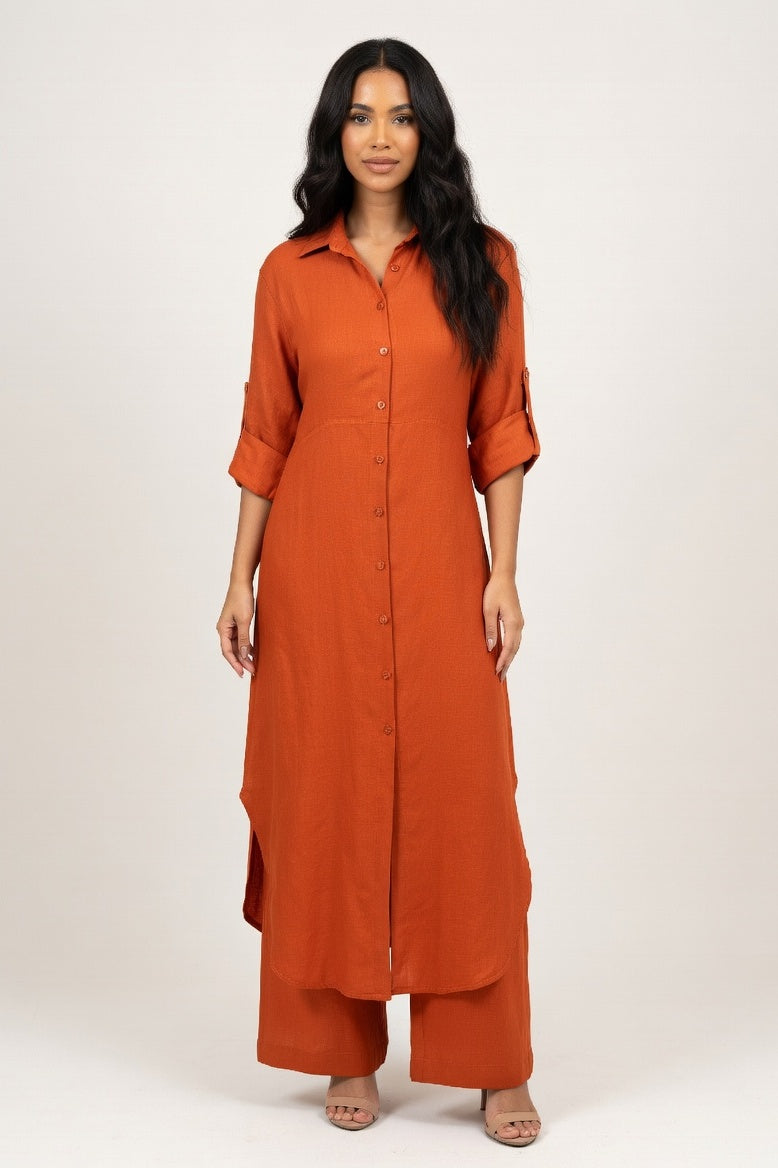 Cotton Linen Shirt & Wide Leg Trouser Co-ord — Brown