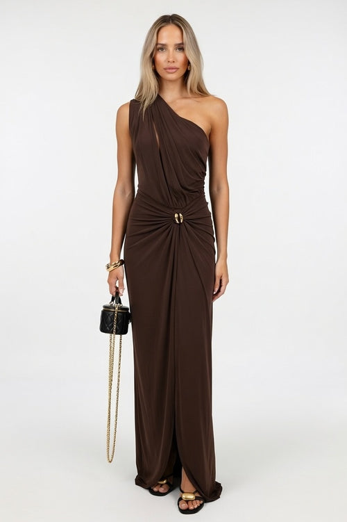 Cut-Out Asymmetric Dress — Brown