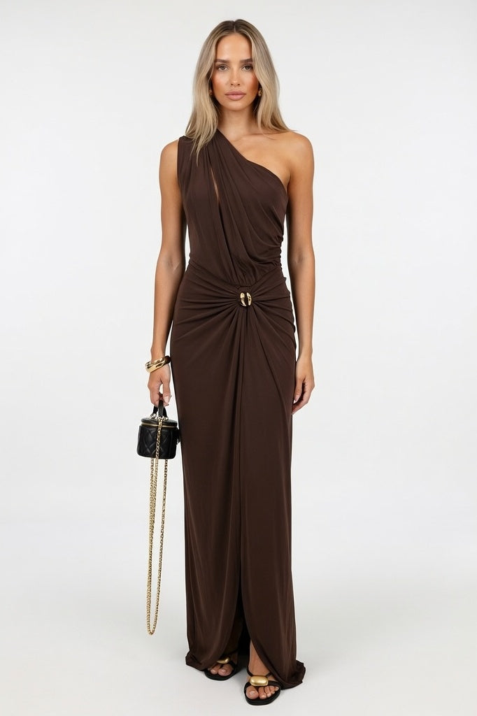 Cut-Out Asymmetric Dress — Brown