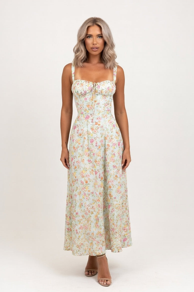 Floral Print Slit Midi Dress — Green