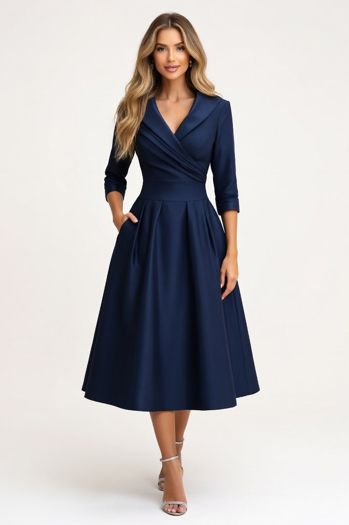 Satin Lapel Shirt Dress — Blue