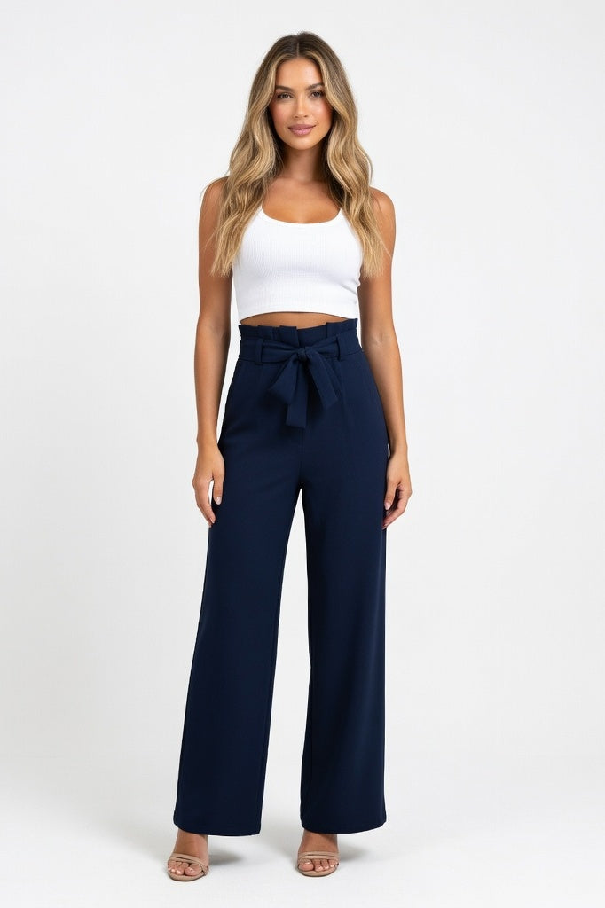 Wide Leg Trousers with Belt — Navy Blue
