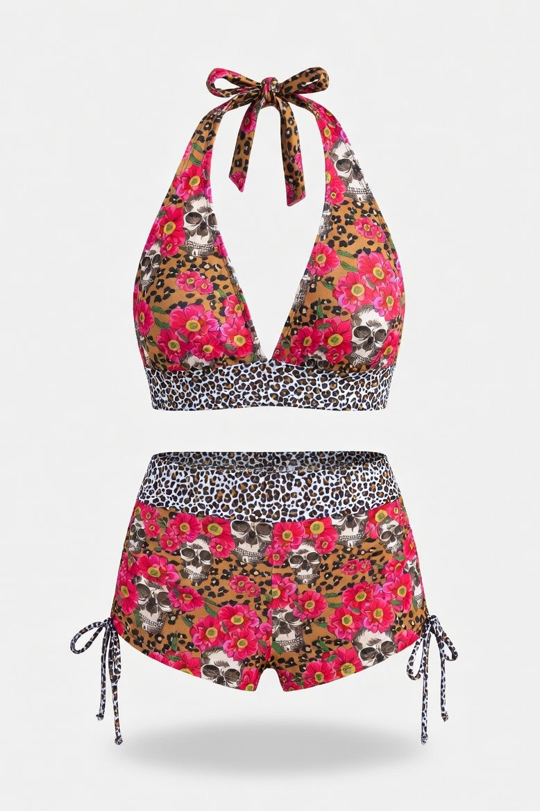 Skull Print Boxer Swimsuit — Red