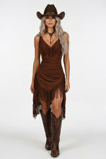 Deep V Halter Tassel Dress — Dark Brown