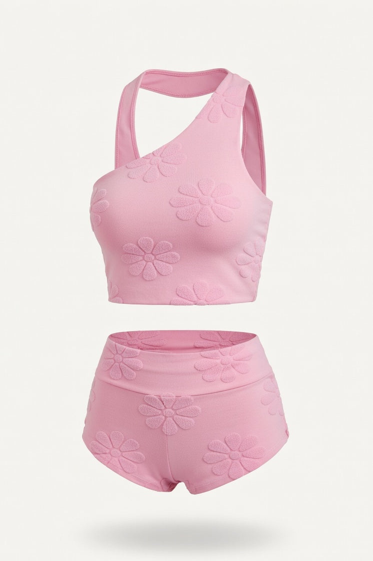 One Shoulder Print Swimsuit — Pink