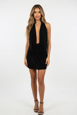 Deep V Halter Mini Dress — Black