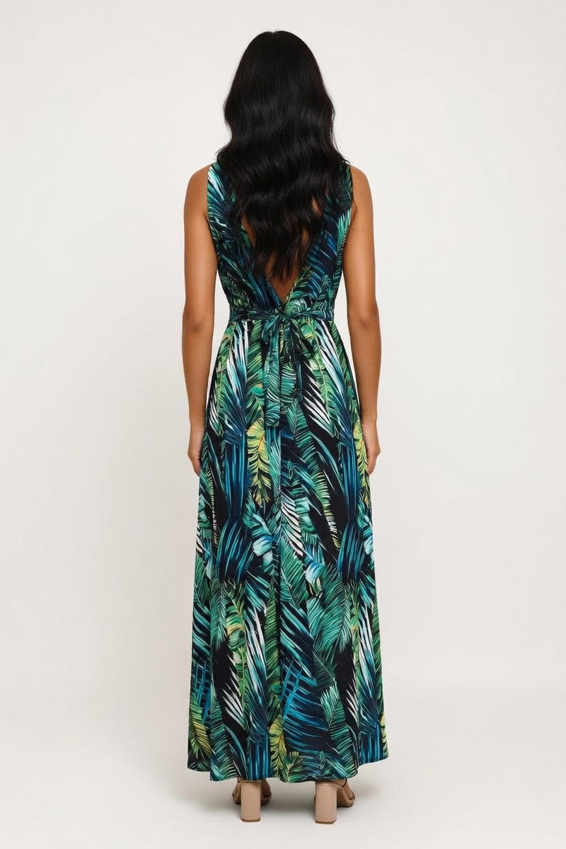 Printed Open Back Strap Dress — back view