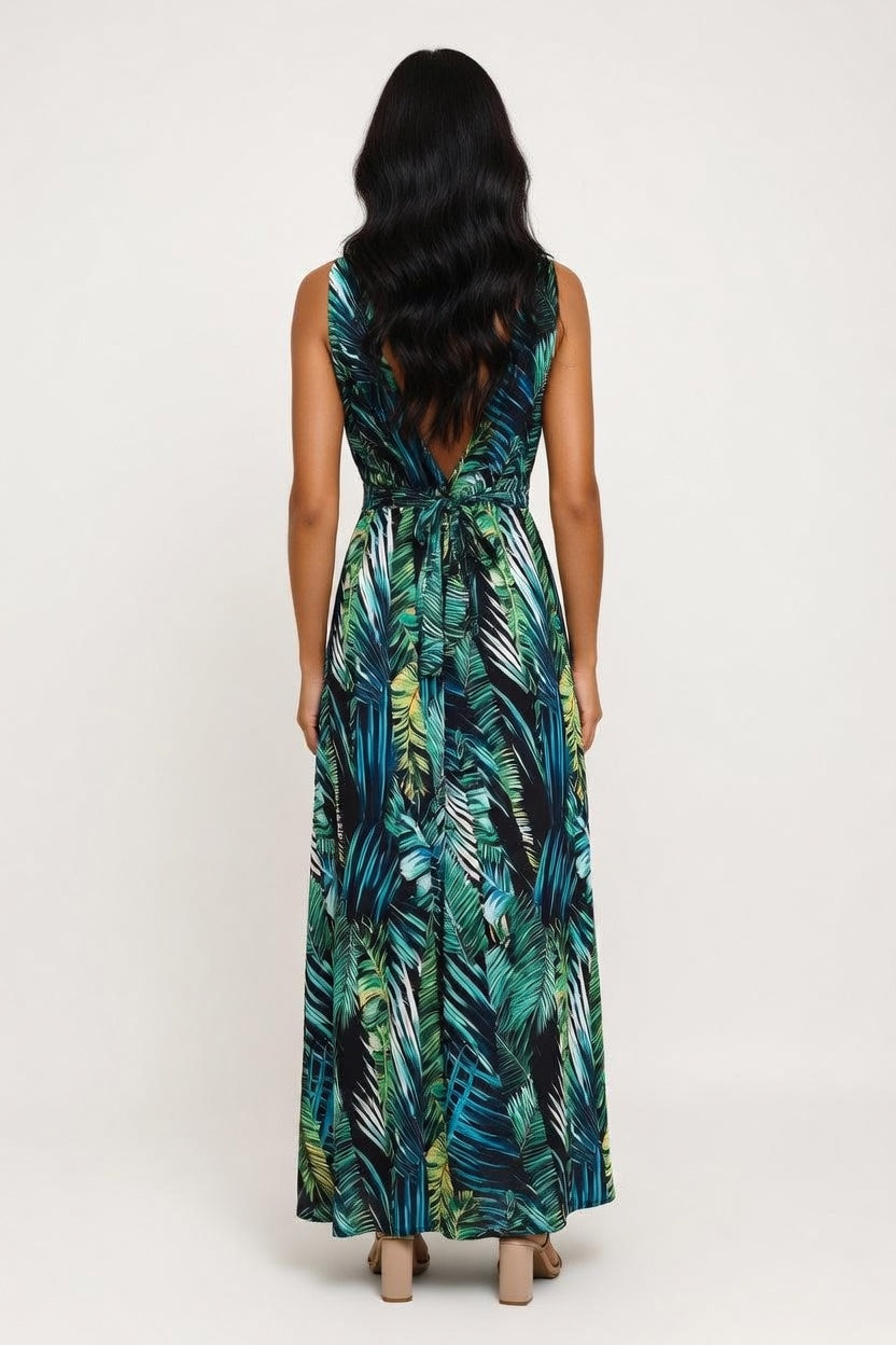Printed Open Back Strap Dress — back view
