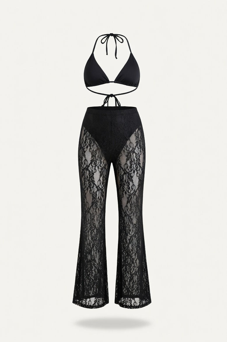 Hollow Lace Flare Trousers — Black