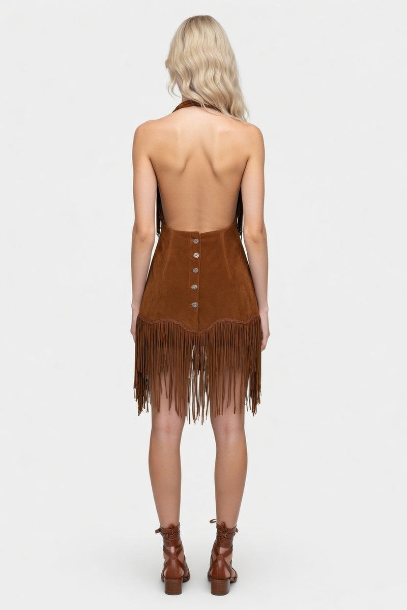 Fringed Suede Western Dress — back view