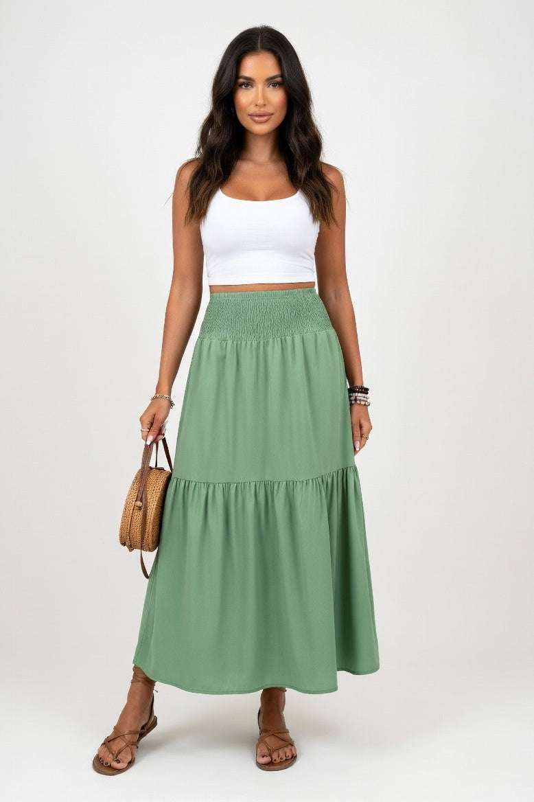 Floral A-Line Midi Skirt — Grass Green